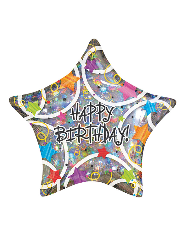 Folieballong: Fargerik Stjerne - "Happy Birthday" - 43cm