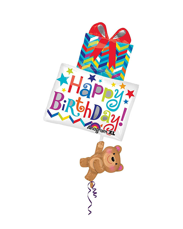 Folieballong: "Happy Birthday" - Bamse som Holder Gave - 53 x 86cm