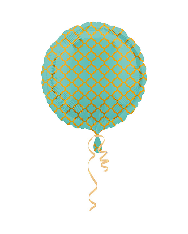 Folieballong: Sirkel - Robins egg blå med gull mønster - 43cm