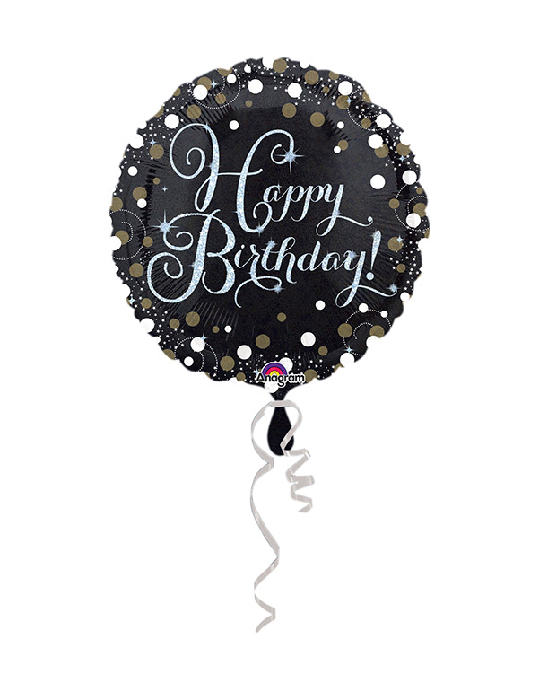 Folieballong: Rund - Svart & Gull - "Happy Birthday To You" - 43cm