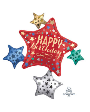 Folieballong: Stjerner - "Happy Birtday" - 81 x 88cm