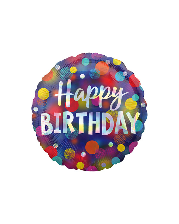 Folieballong: "Happy Birthday" - Iriserende Prikker - 43cm