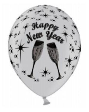 Lateksballonger (6stk): "Happy New Year" - 30cm - Hvit & Sølv