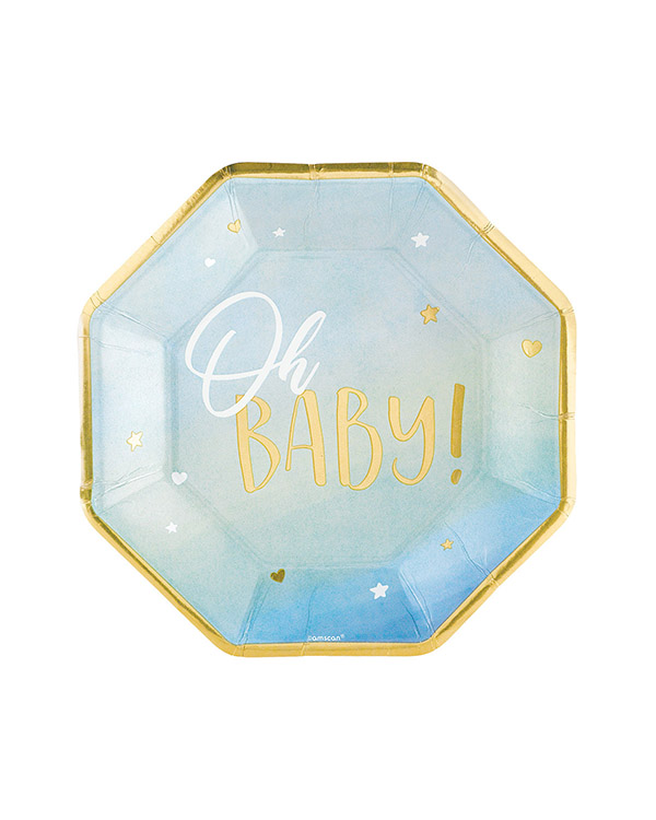 Tallerkener (8stk): Hello World / Oh Baby Hjerter og stjerner ombre blå - 16,5cm