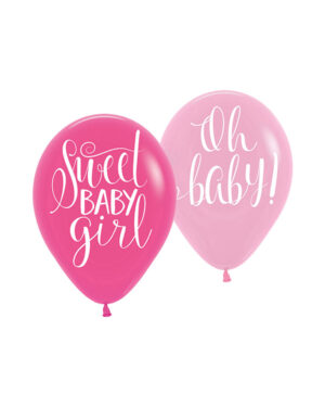 Lateksballonger (6stk): "Sweet baby girl" & "Oh baby" - 27,5cm