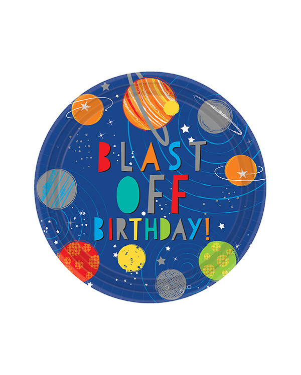 Tallerkener (8stk): "Blast Off Birthday!" - Planeter - Fargerike Metallic - 22,8cm