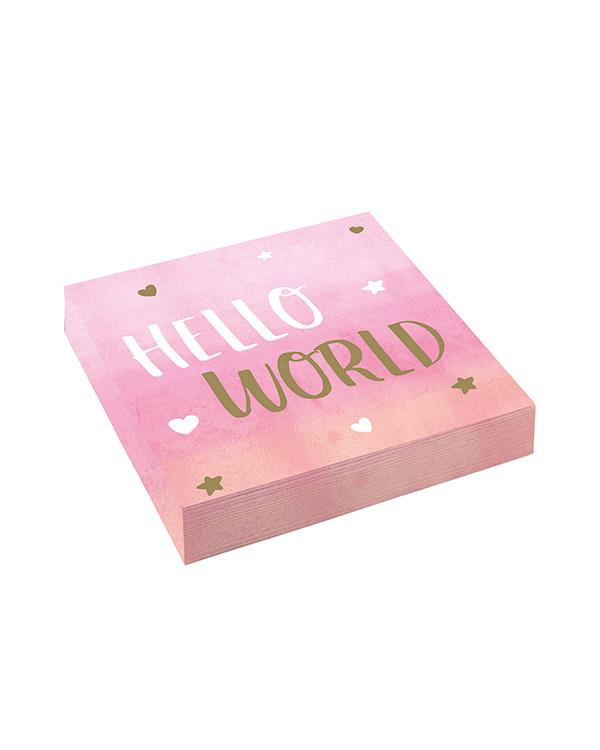 Servietter (16stk): "Hello World" / Oh baby Hjerter og stjerner ombre rosa - 16,5cm