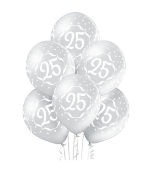 Lateksballonger (6stk): "25" - 30cm - Sølv (Metallic)