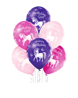 Lateksballonger (6stk): "Happy Birthday" - Enhjørning - 30cm