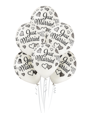Lateksballonger (6stk): "Just Married" - 30cm - Pearl (Metallic)