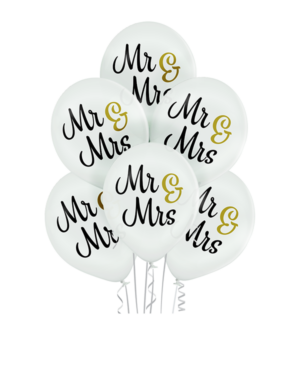 Lateksballonger (6stk): "Mr & Mrs" - 30cm - Hvit (Pastel)