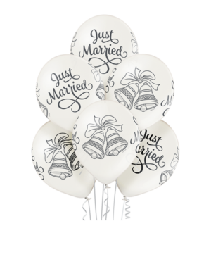 Lateksballonger (6stk): "Just Married" & Bryllupsklokker - 30cm - Pearl (Metallic)