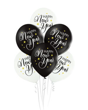Lateksballonger (6stk): "Happy New Year" - 30cm - Hvit & Svart (Pastel)