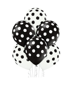Lateksballonger (6stk): Polka Dots / Prikker - 30cm - Hvit & Svart (Pastel)