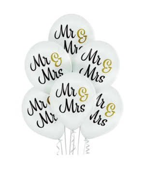 Lateksballonger (50stk): "Mr & Mrs" - 30cm - Hvit (Pastel)