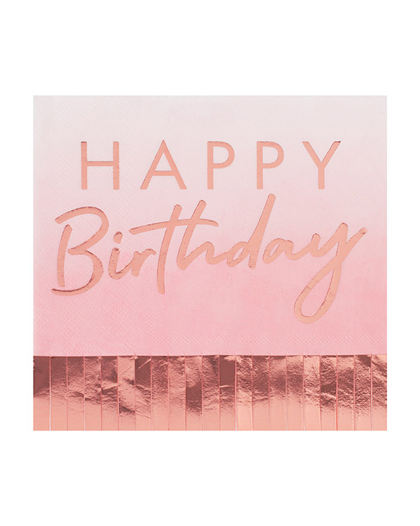 Servietter (16stk): "Happy Birthday" med frynser - Rosa - 16cm