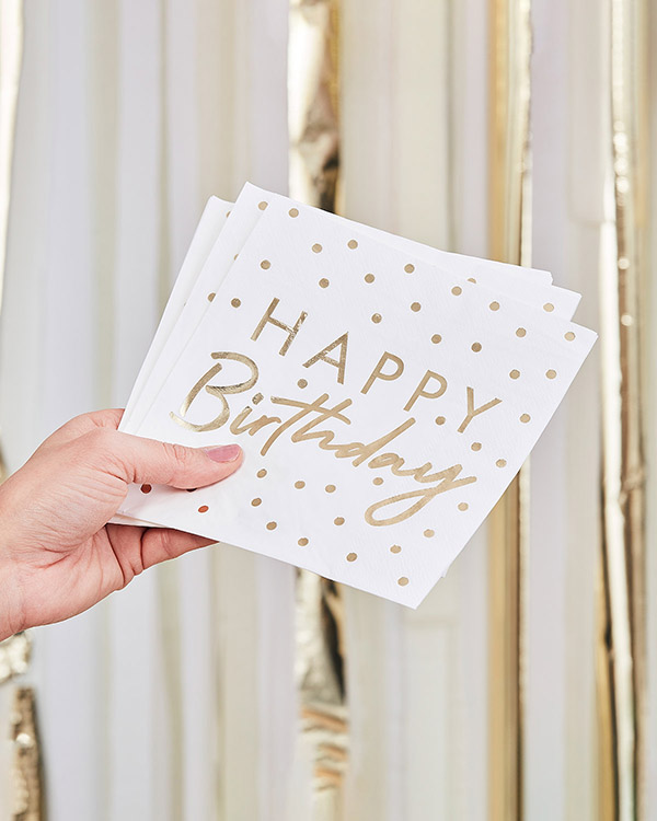 Servietter (16stk): "Happy Birthday" - Gull folie - 16,5cm - Bilde 2