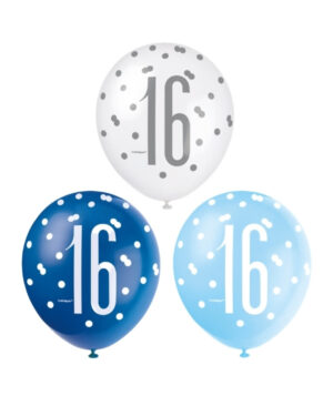 Lateksballonger (6stk): "16" - Blå & Sølv Glitz - 30cm