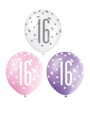 Lateksballonger (6stk): "16" - Rosa, Lilla, Hvit & Sølv - 30cm