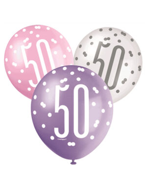 Lateksballonger (6stk): "50" - Rosa, Lilla, Hvit & Sølv - 30cm