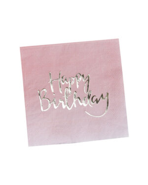Servietter (20stk): "Happy Birthday" - Rosa ombre - 20 x 16,5cm
