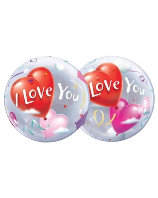 Bubbleballong: "I Love You" med hjerter - Gjennomsiktig - 56cm