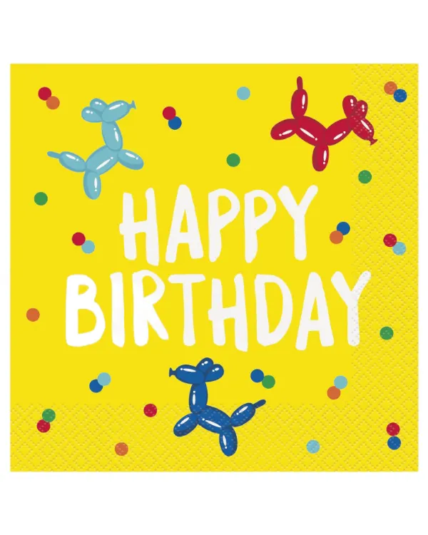 Servietter (16stk): "Happy Birthday" Ballonghund - Fargerik