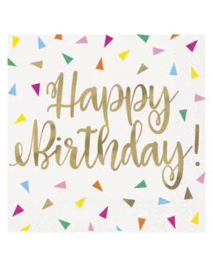 Servietter (16stk): "Happy Birthday" - Trekanter - Fargerik