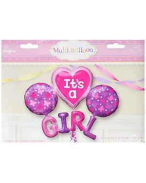 Folieballong / Multiballong: "It’s a girl" med hjerte og banner - Rosa - 130cm