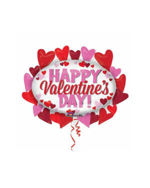 Folieballong: "Happy Valentine's Day" - Oval med hjerter rundt- 79cm