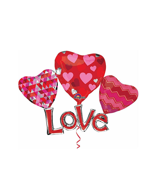 Folieballong: "Love" Med Tre Hjerter - 148cm