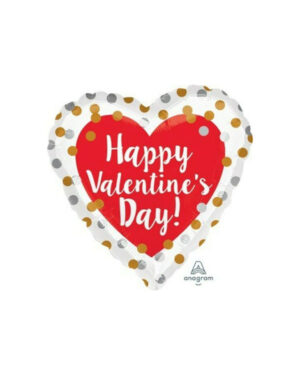 Folieballong: "Happy Valentine's Day" - Hjerte med gull & sølv prikker - 45cm