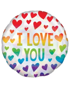 Folieballong: "I Love You" med hjerter - Regnbue - 43cm