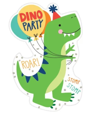 Invitasjonskort (8stk): "Dino Party" - Dinosaur med festhatt - Grønn