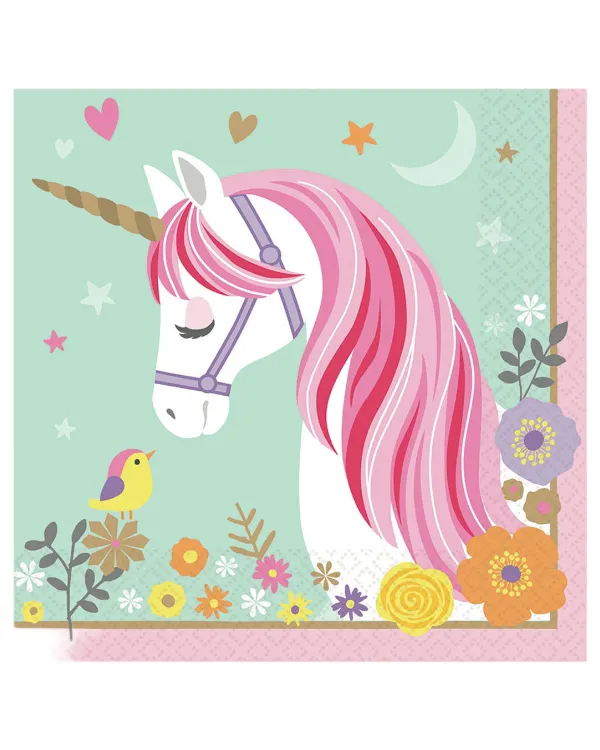 Servietter (16stk): Enhjørning med regnbue - Fargerik - 33 x 33 cm