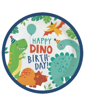 Tallerkener (8stk): "Happy Birthday" - Dinosaur - Blå & Grønn - 23 cm