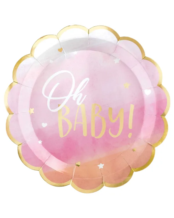 Tallerkener (8stk): Hello World / Oh Baby Hjerter og stjerner ombre rosa - 16,5cm