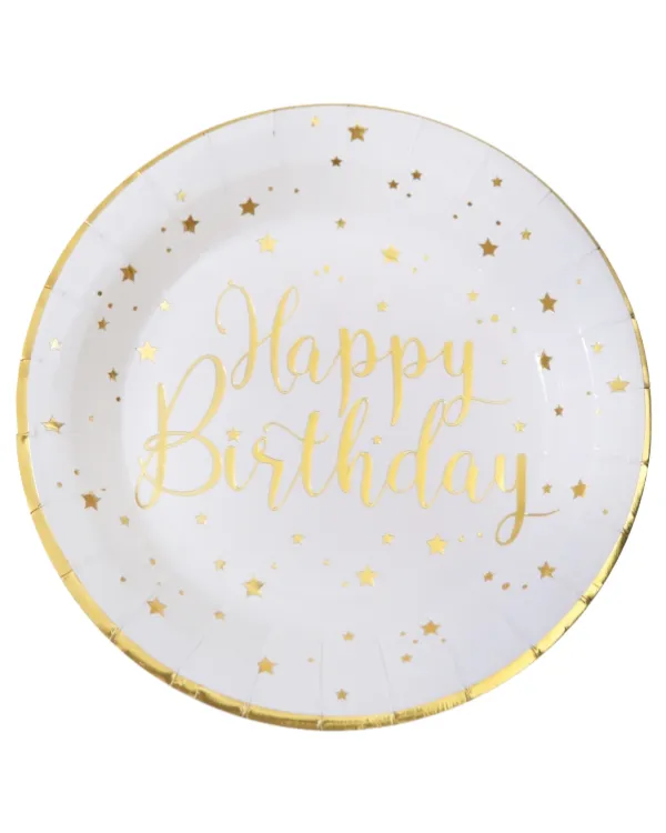 Tallerkener (10stk): "Happy Birthday" & Gullstjerner - Hvit - 22,5cm