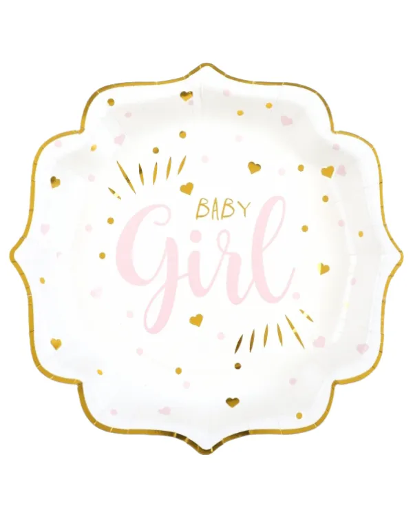 Tallerkener (10stk): "Baby Girl" med hjerter - Rosa - 21cm