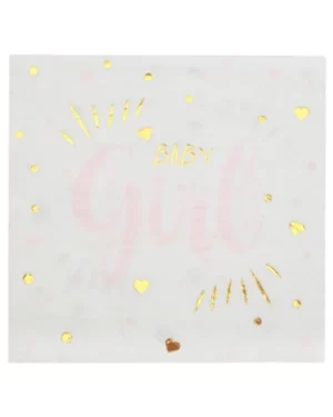 Servietter (20stk): "Baby Girl" med hjerter - Rosa - 16,5cm