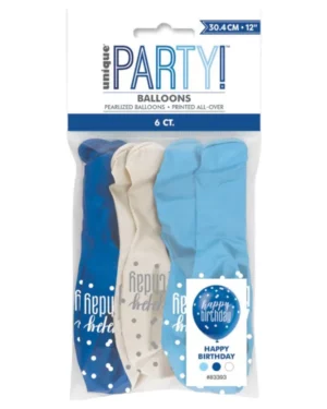 Lateksballonger (6stk): "Happy birthday" - Blå & Sølv Glitz - 30 cm