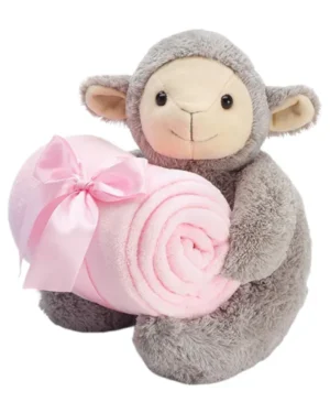 Bamse: Lam med ullteppe (96 x 76cm) og sløyfe - Grå & Rosa - 26cm