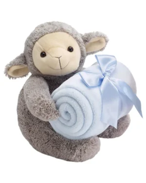 Bamse: Lam med ullteppe (96 x 76cm) og sløyfe - Grå & Blå - 26cm