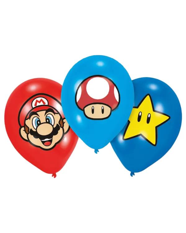 Lateksballonger (6stk): Super Mario - Blå & Rød - 27,5 cm
