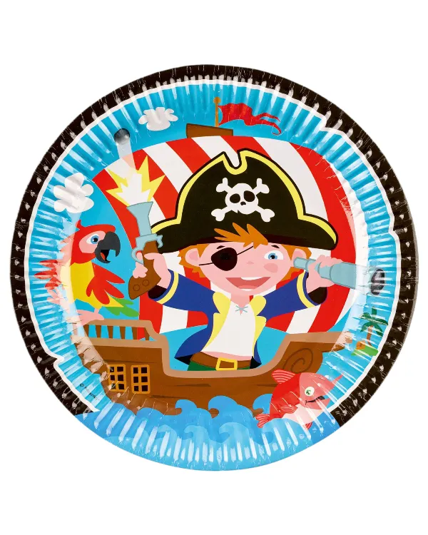 Tallerkener (8stk): Pirat i båt - Blå & Rød - 23 cm