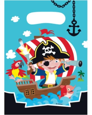 Gaveposer / Godteposer (8stk): Pirat i båt - Blå & Rød - 23,4 x 16,2 cm