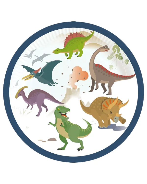 Tallerkener (8stk): Dinosaur fest med vulkan - Fargerik - 18 cm