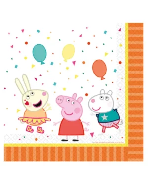 Servietter (16stk): Peppa Pig med venner & ballonger - Rosa & Rød - 33 x 33 cm
