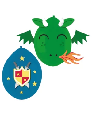 Lateksballonger (3stk): Drage og skjold med klistremerker - Blå, grønn - 35,5 cm