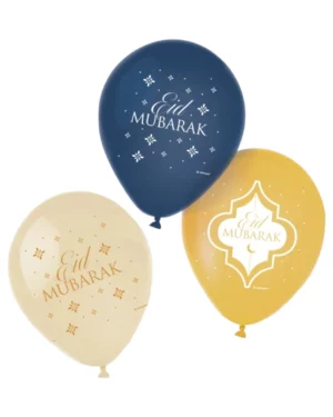 Lateksballonger (6stk): Eid Mubarak - Blå &Gull - 27,5 cm